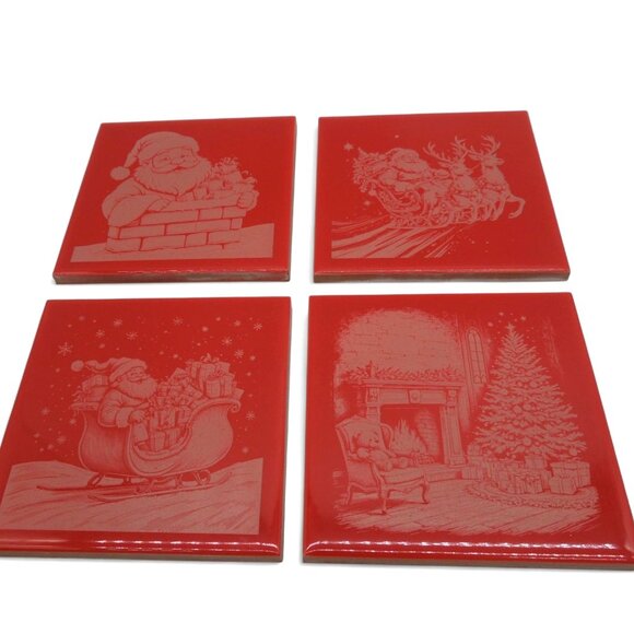 CHRISTMAS Tile Ceramic Engraved Santa Sleigh And Fireplace Scenes Set of 4 - Picture 8 of 9